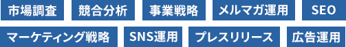 市場調査 競合分析 事業戦略 メルマガ運用 SEO マーケティング戦略 SNS運用 プレスリリース 広告運用